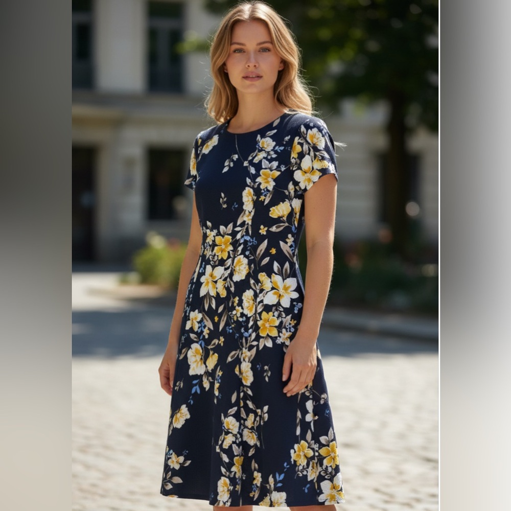 Jessica Howard Elegant Floral Midi Dress in Navy, White and Yellow NWT